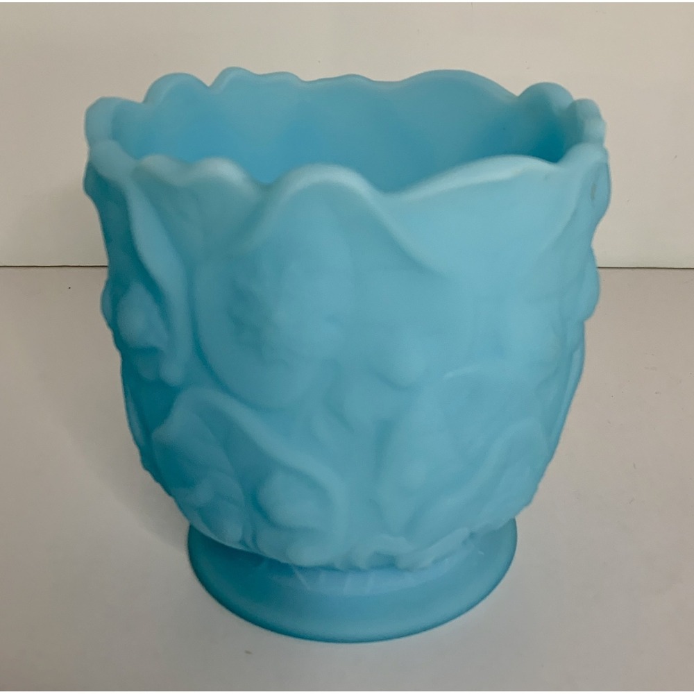Fenton WATER LILY Jardiniere Blue Satin Art Glass Planter